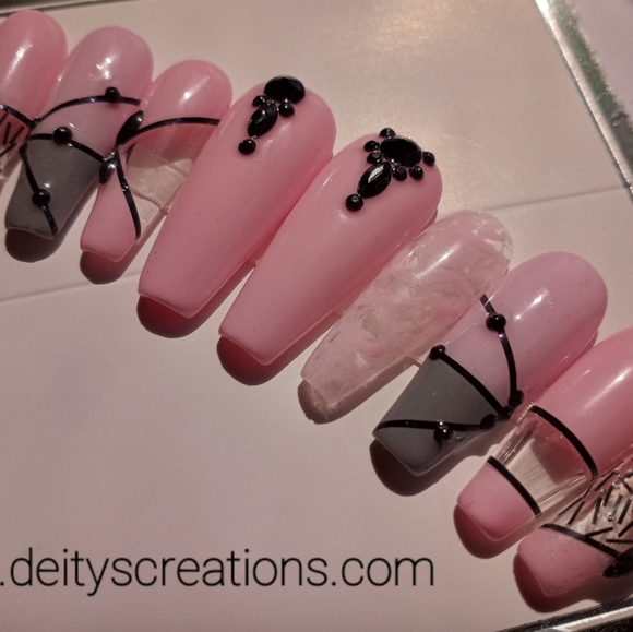 Pink marble n gray ombre pastel goth press on acrylic nails pPN34 - Picture 3 of 3